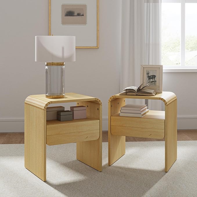 Nightstand with 1-Drawer, Modern Curved-Top Nightstand, Night Stand for Small Spaces,