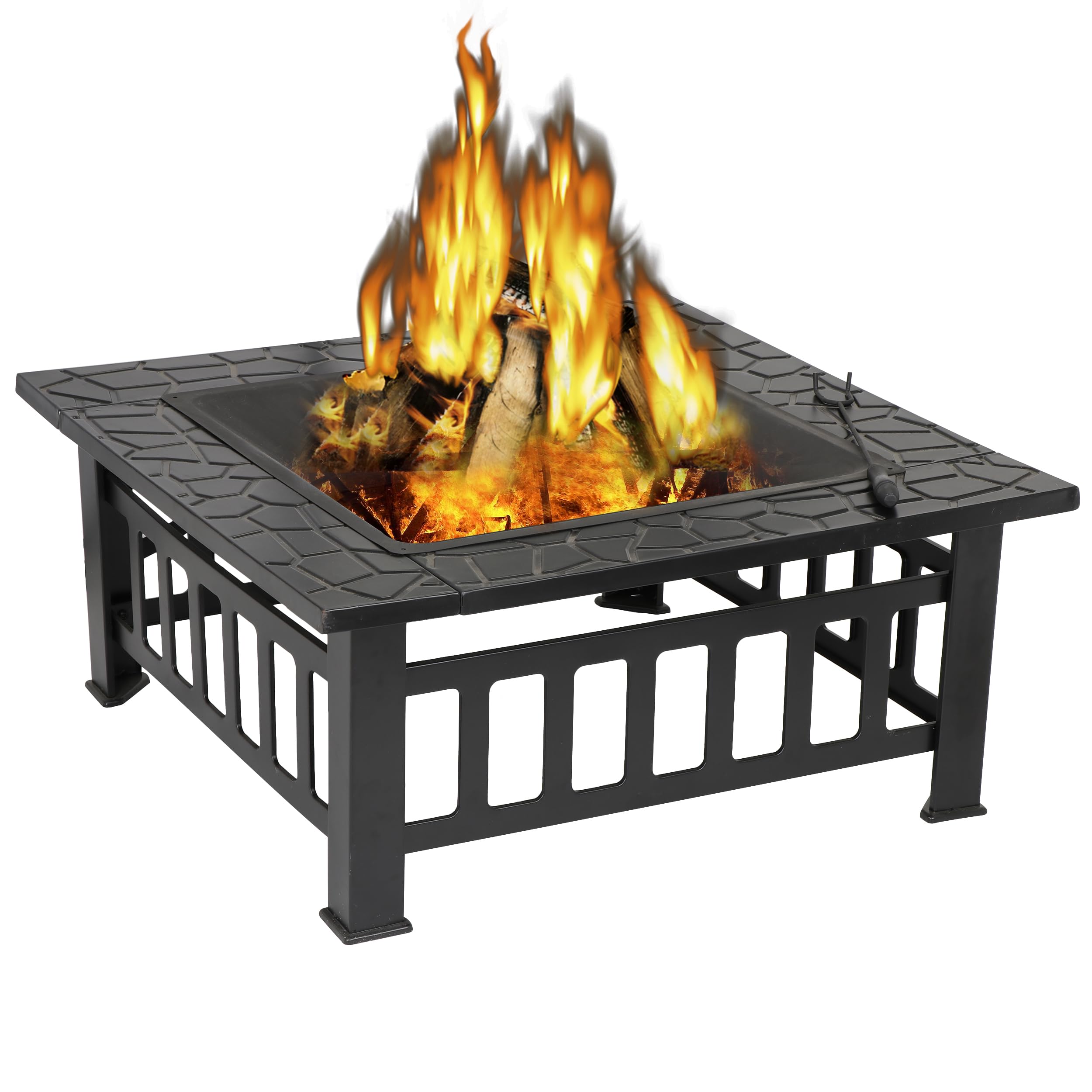 ZENY 32in Outdoor Fire Pits Outside Wood Burning Firepit Square Metal Fireplace Table Fire Bowl with Grill,Screen and Poker for Camping Bonfire Backyard BBQ - Bircata
