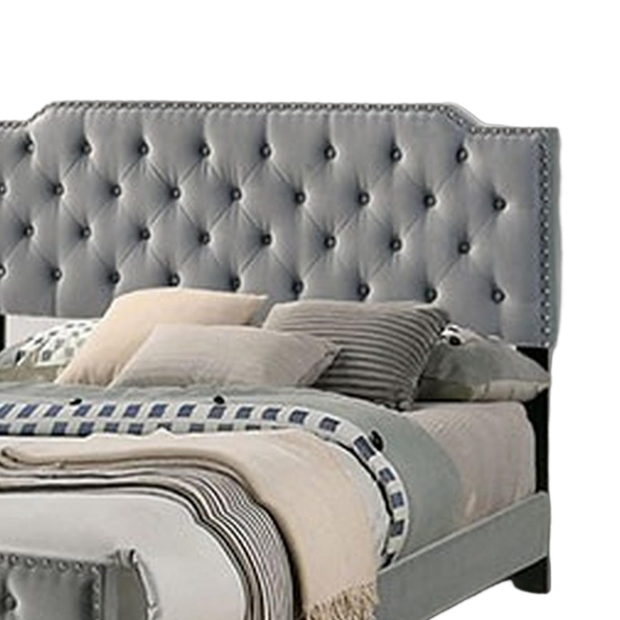 Agapi California King Bed, Button Tufted, Nailhead Trim, Gray Upholstery