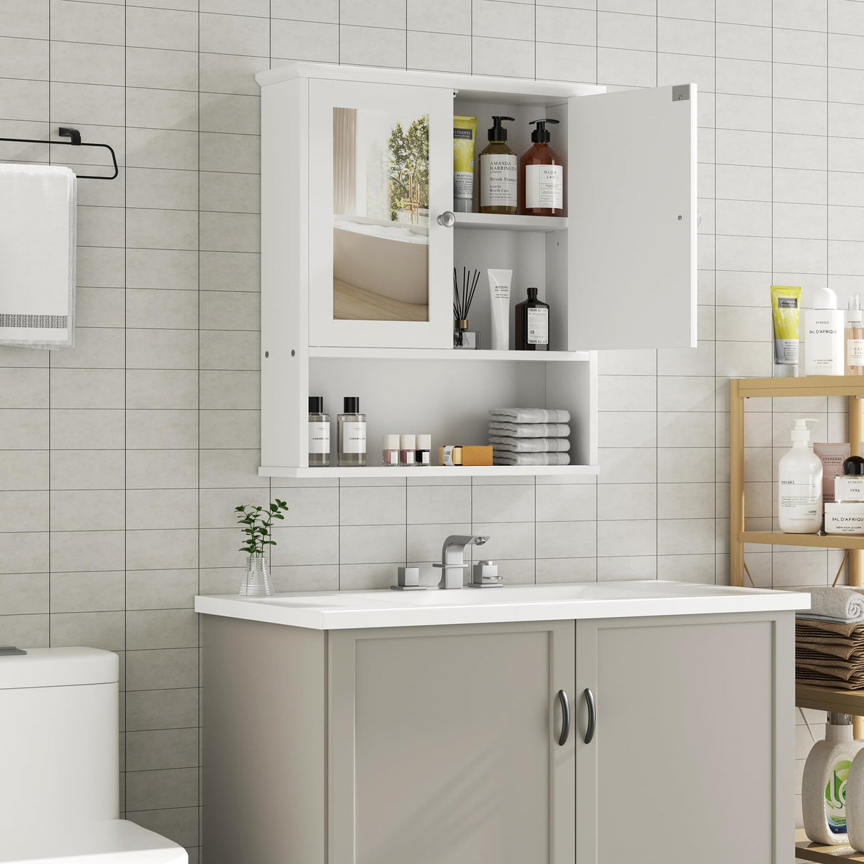 Bathroom Cabinet with Mirror, Wood Medicine Cabinet with Adjustable Shelf