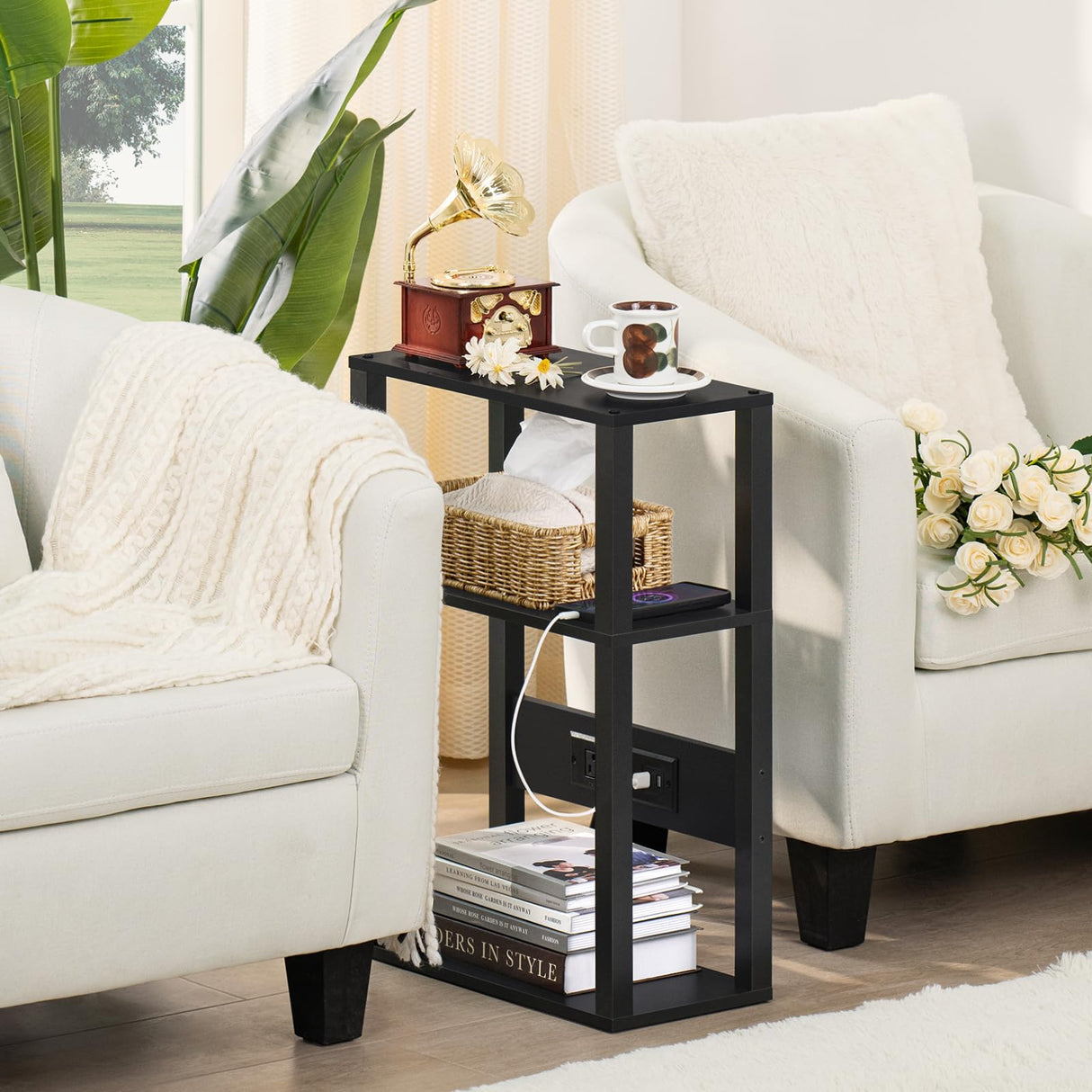 Small Narrow Wood Side Table with Charging Station, Skinny Nightstand for Small Space,