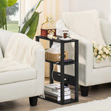 Small Narrow Wood Side Table with Charging Station, Skinny Nightstand for Small Space,