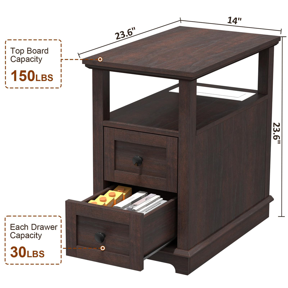 End Table with 2 Drawers, Storage Side Table with Flip Top Fast Charging Station