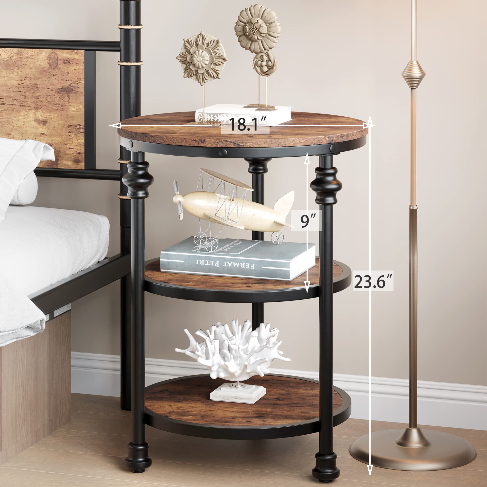 End Table 3-Tier Round Side Table Living Room Accent Table with Storage Shelf