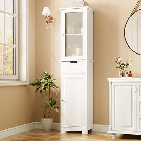 67" Tall Bathroom Cabinet, Narrow Storage Cabinet, Freestanding Linen Cabinet with Doors and Adjustable Shelf,