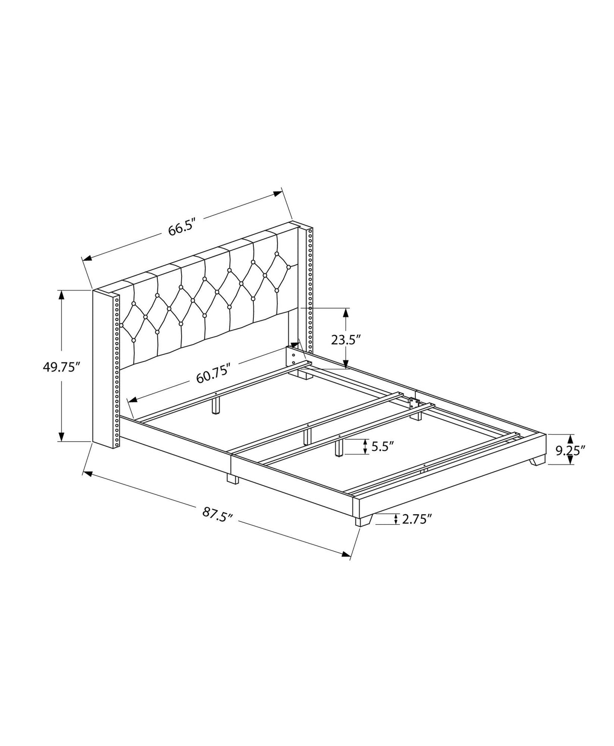 HomeRoots 66.5" X 87.5" X 49.75" Dark Grey Velvet with Chrome Trim Queen Size Bed