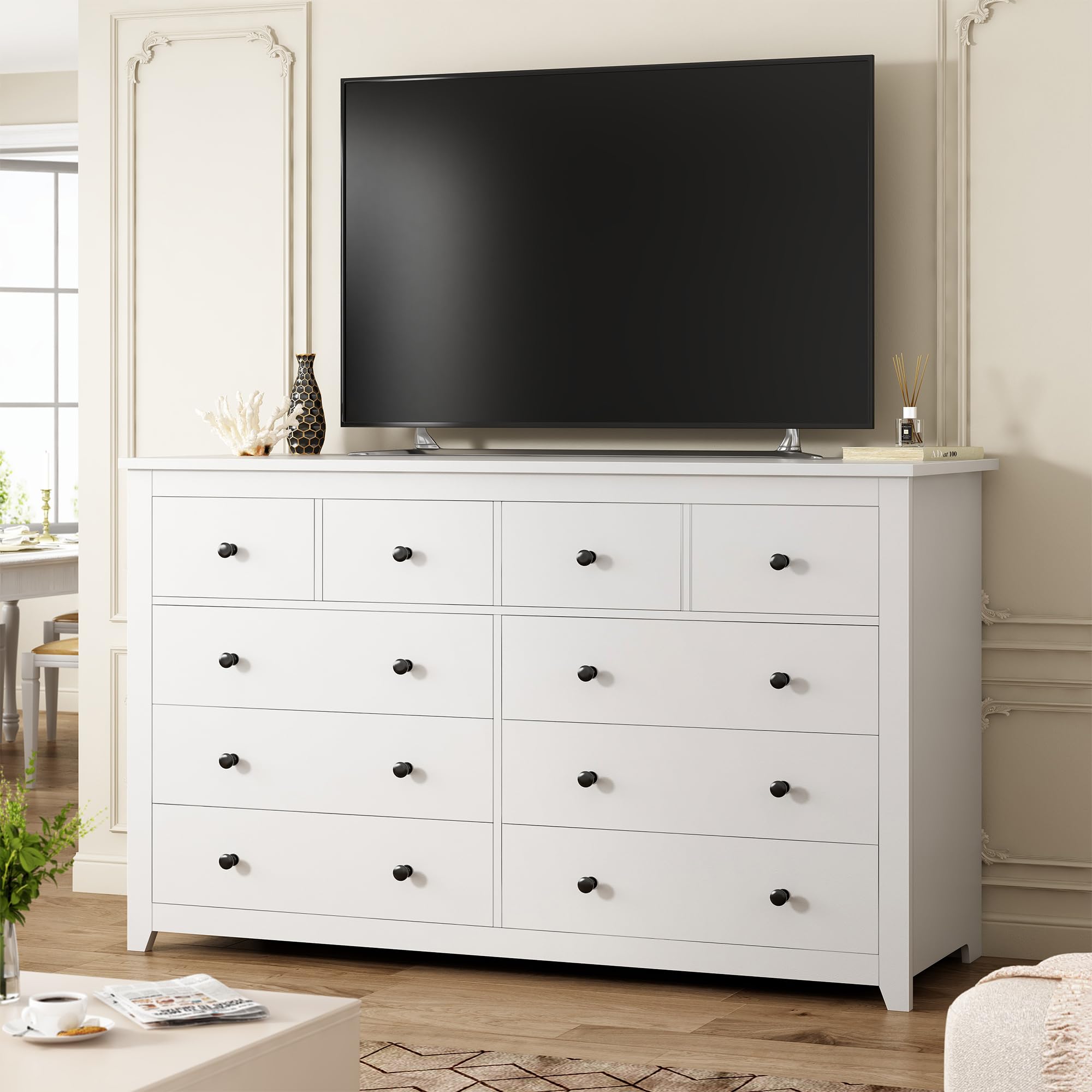 White Dresser, Dresser for Bedroom with 10 Drawers Wood Dresser with Smooth Metal Rail
