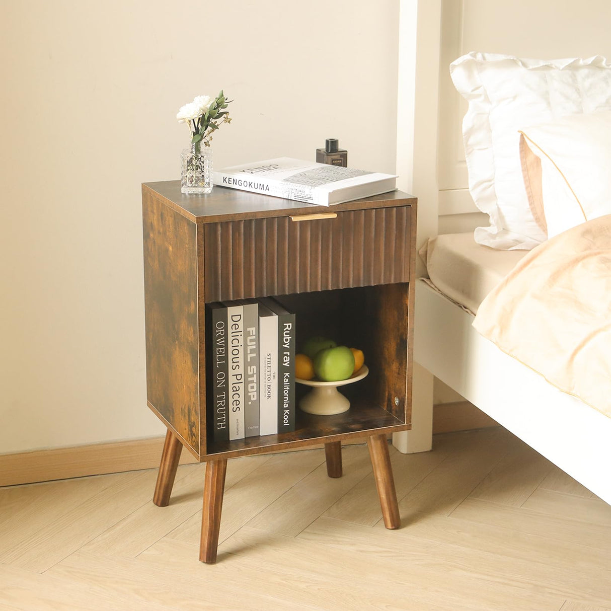 Mid Century Modern Nightstand, Wood Bedside Table with Drawer and Opening Storage