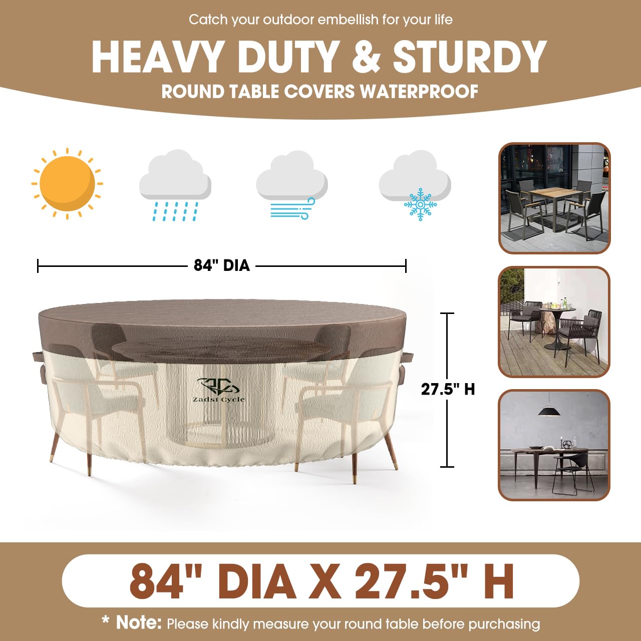 Waterproof, Patio Furniture Round Table Covers, 600D Heavy Duty Round Table Cover