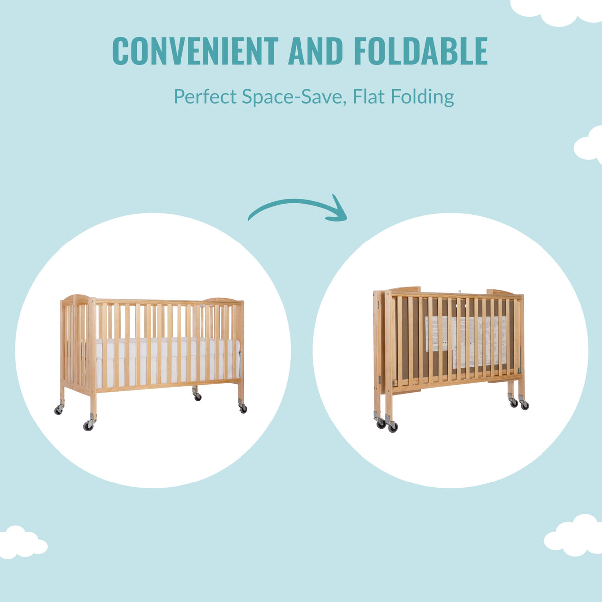 Folding Full Size Convenience Crib In Natural, Two Adjustable Mattress Height Positions,