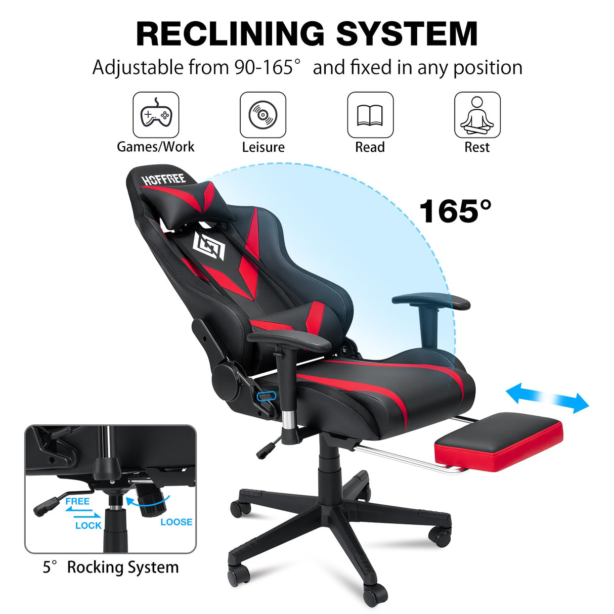 Gaming Chair with Bluetooth Speakers, LED Lights & Massage - Reclining with Footrest