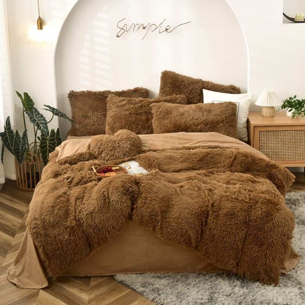 5 PCS Shaggy Duvet Cover Bedding Set - Fluffy Comforter Cover Long Faux Fur Luxury