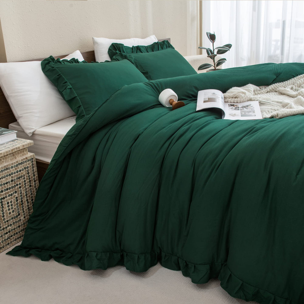 Dark Emerald Green Comforter Set Queen, 3 Pieces Solid Ruffle Farmhouse Bedding Set