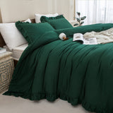 Dark Emerald Green Comforter Set Queen, 3 Pieces Solid Ruffle Farmhouse Bedding Set