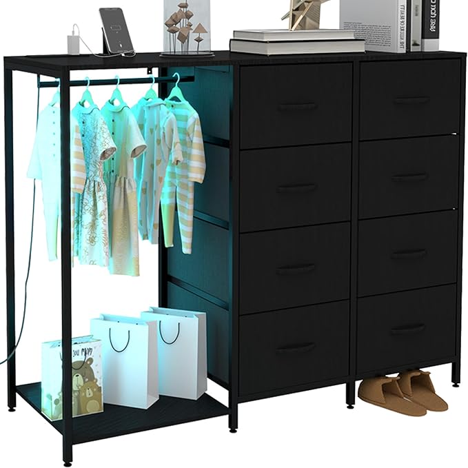 Dresser with Clothes Rail Dresser with Hanging Rack Led Lights and Charging Station Wardrobe Dresser