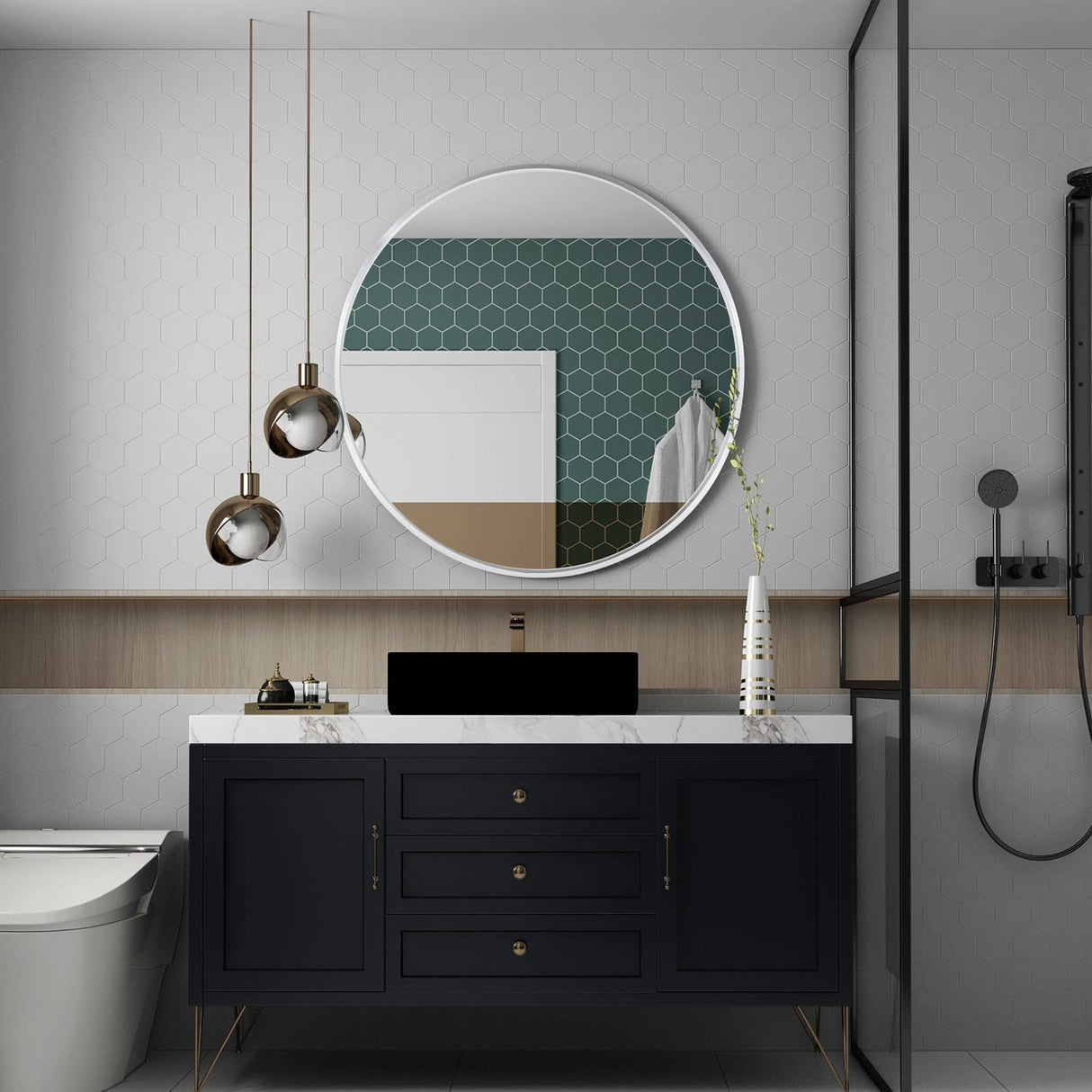 30 Inch Circle Mirror, Silver Large Round Wall Mirror with Metal Brush Framed for