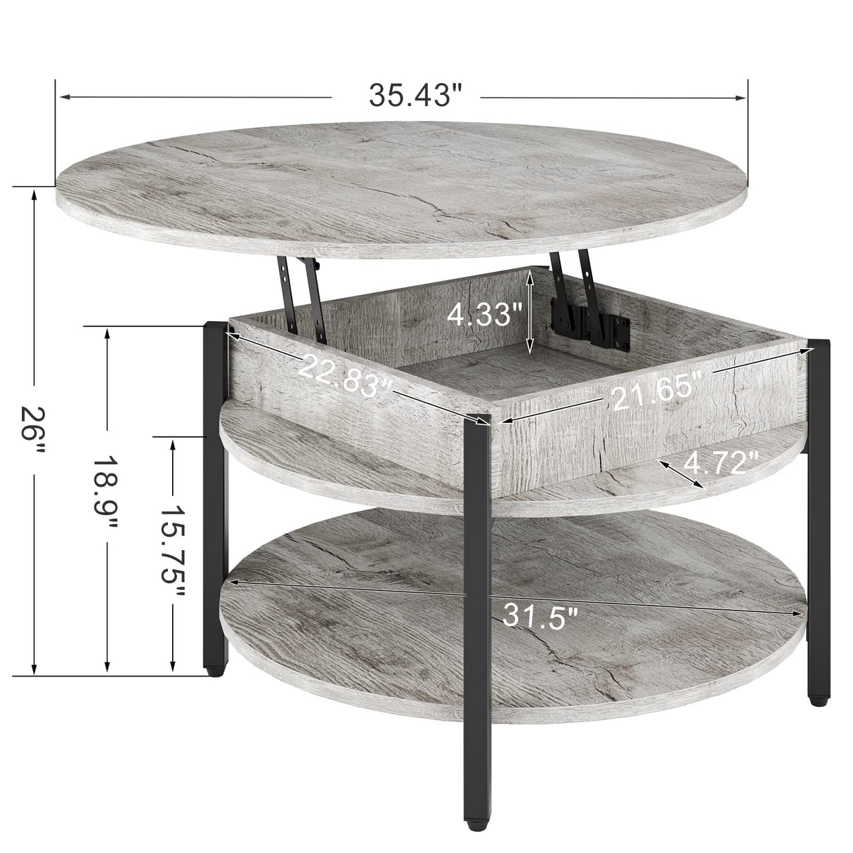 Round Lift Top Coffee Table, 35.43’’ Circle Coffee Table with Storage