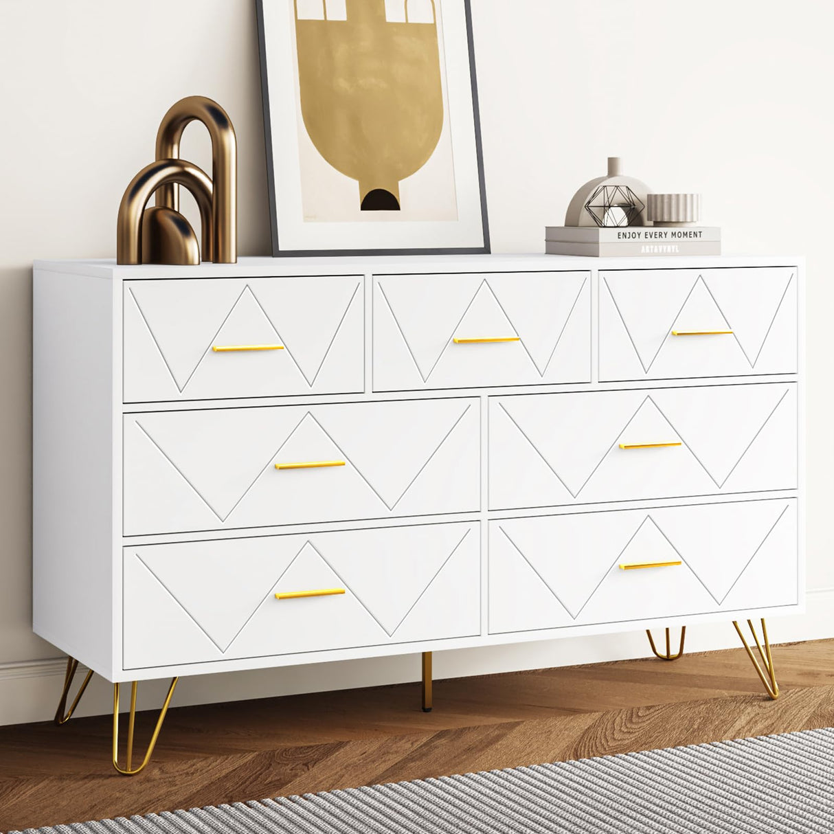 7 Drawers Dresser for Bedroom, White Dresser with Golden Legs & Handles