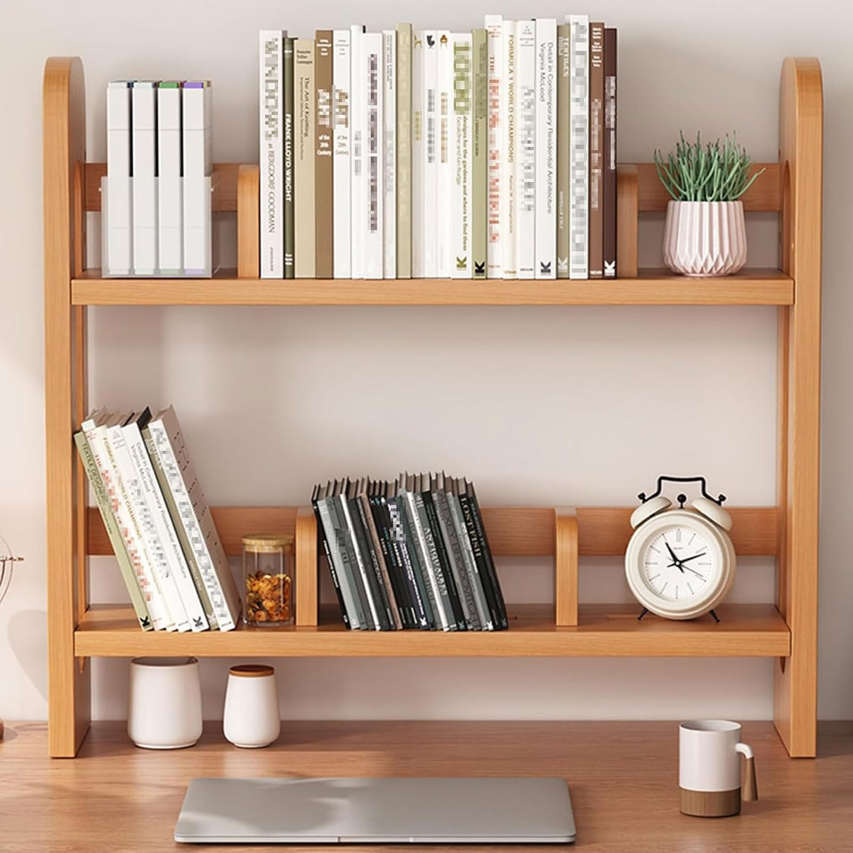 Desk Shelf Organizer, Wood Desktop 2-Tier Display Rack Desktop Bookcase