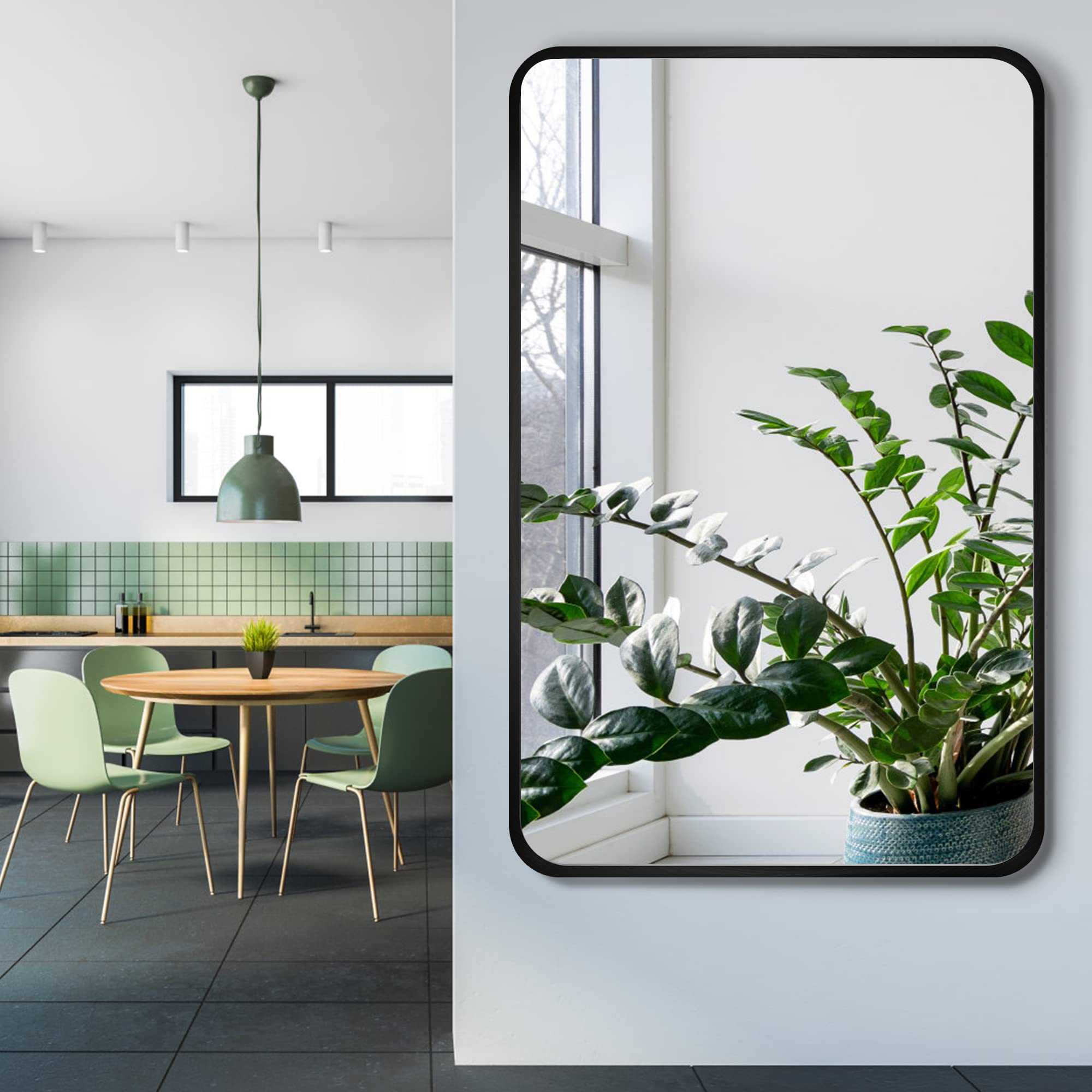 16x24 inch Black Bathroom Rectangle Mirror for Wall Decor Metal Frame Round Corner Matte Rectangular