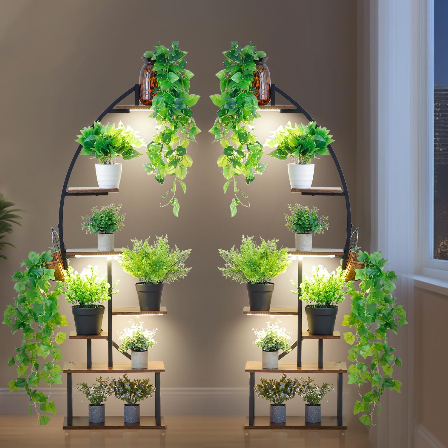 2 Pack Plant Stand Indoor with Growing Light, 7 Tier Tall Metal, Half Moon Shape Large Plant Shelf