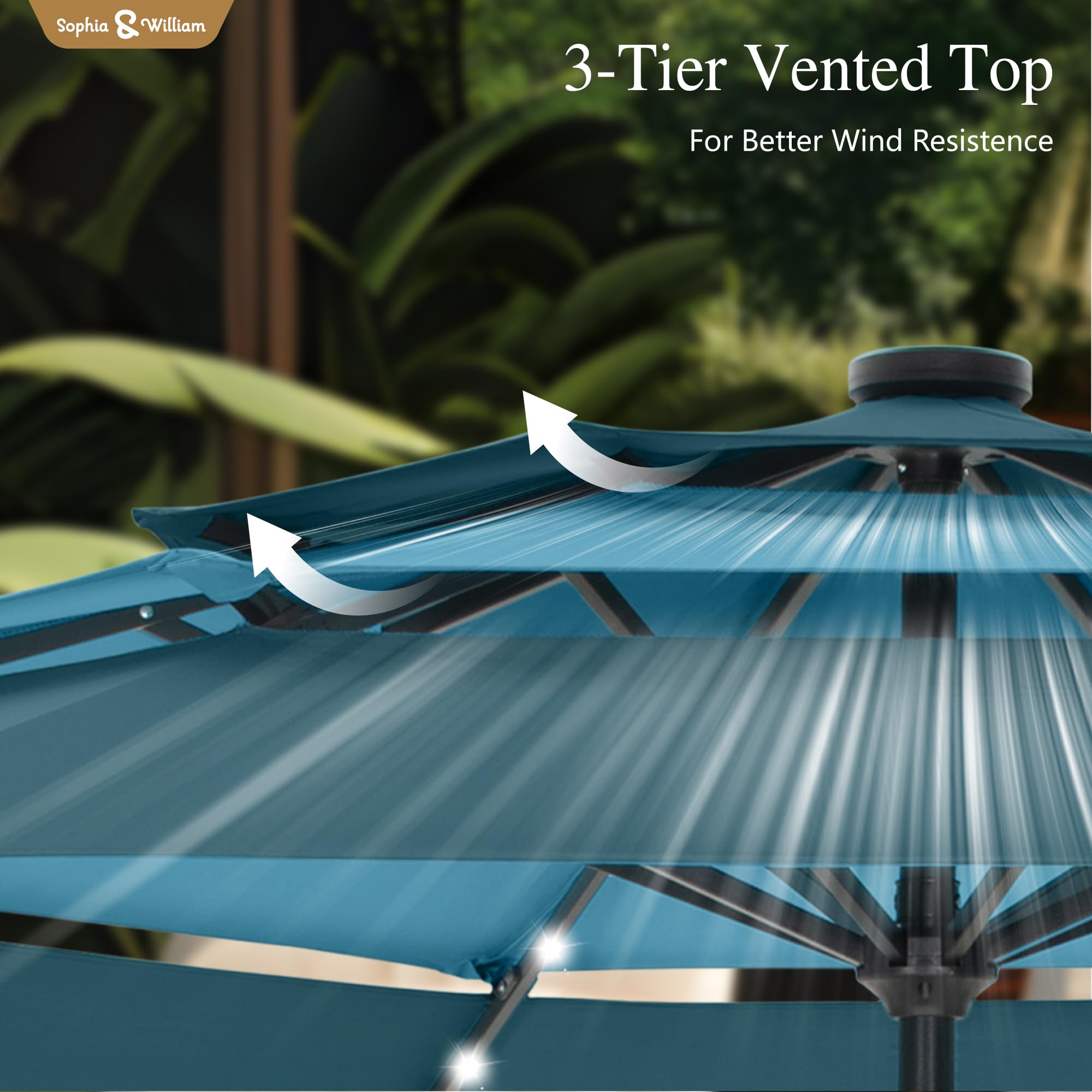 Sophia & William 10ft Patio Umbrellas 3-Tier Umbrella Outdoor Patio Umbrellas with Lights Vented Top 24 LED lights Adjustable Tilt for Pool Garden Backyard, Mixed Peacock