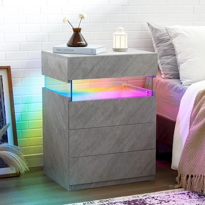 Night Stand with 4 Drawers Large LED Nightstand White Night Stand for Bedroom Modern