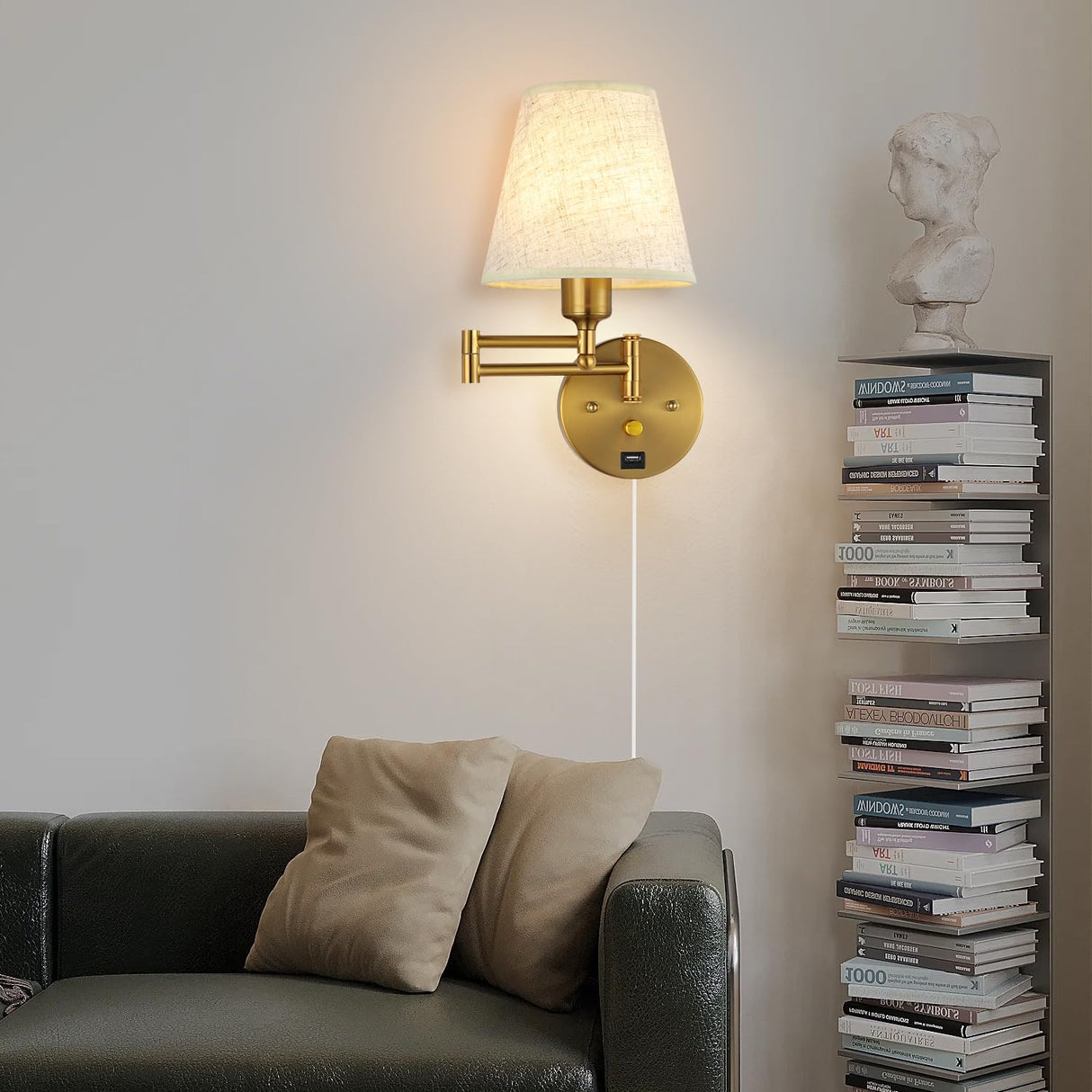 Bedside Wall Mount Light with Dimmable Switch and USB Port, Gold Swing Arm Fabric Shade Wall