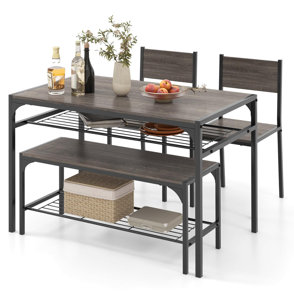 4 Pieces Dining Table Set, Kitchen Table and 2 Chairs for 4 with Bench, Storage Racks,