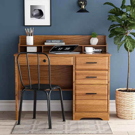 Computer Desk with Drawers and Hutch Shelf, Farmhouse Home Office Desk