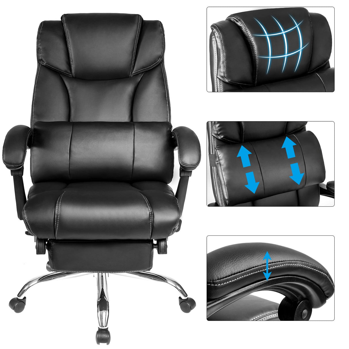 Office Chair PU Leather/Double Cushion/Support pad and Foot stools, Comfortable Seats,