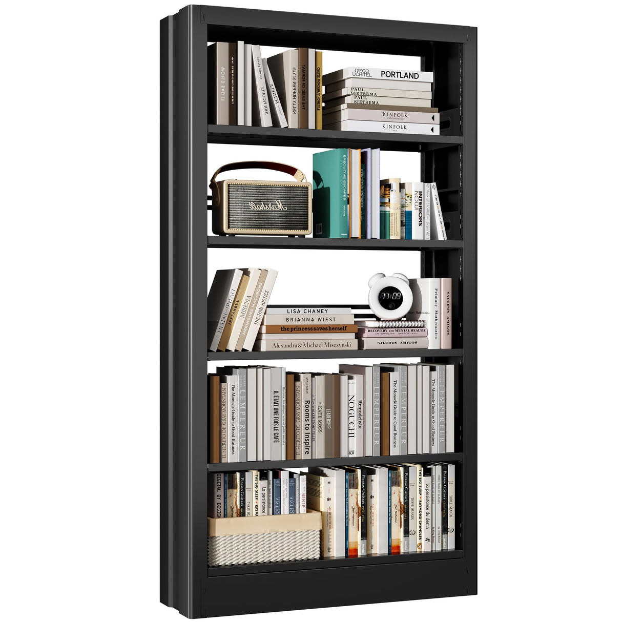 5-Tier Bookcase with Adjustable Storage Shelves, Metal Bookshelf