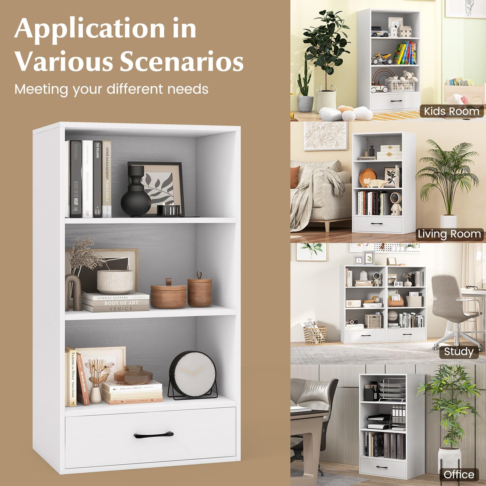 IFANNY 3 Shelf Bookcase with Drawer, Wood Bookshelves and Bookcases, Cube Bookcase Shelf, Small Bookshelf with Storage for Small Spaces, White Book Shelf for Bedroom, Living Room, Home Office