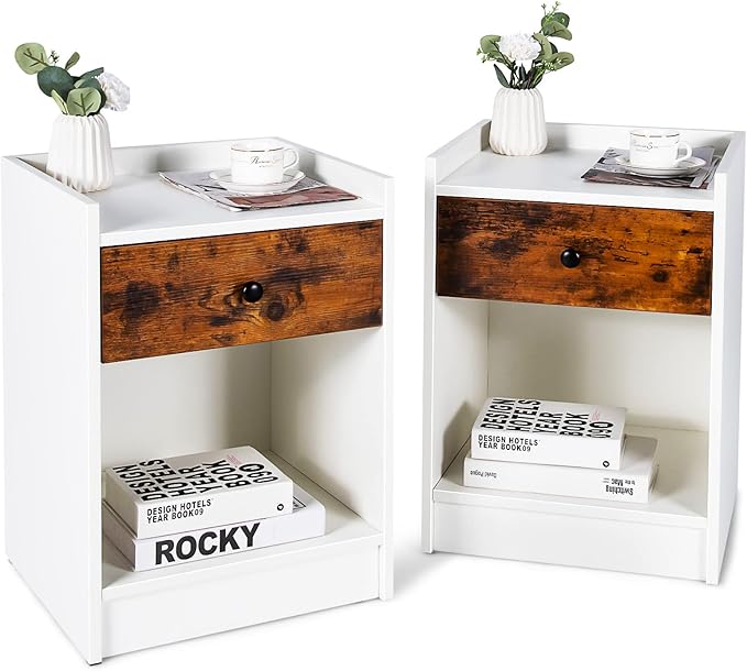 Nightstands Set of 2, Wood Bedside Tables with Storage Drawer and Open Shef, 17" L x 16"