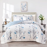 Green Leaves Printed on White Reversible Bedspread Coverlet Set
