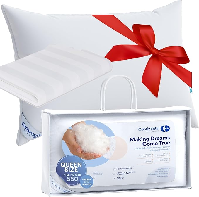 Luxury Down Pillow Set for Father's Day: Queen Size Pack of 1 Soft Pillow + Queen Pillow Protector - Family Made in New York - 550FP Soft