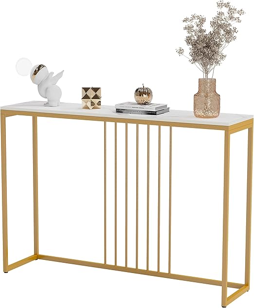 Sintered Stone Console Table: White Entryway Table with Golden Frame - Modern Narrow Table Behind Sofa