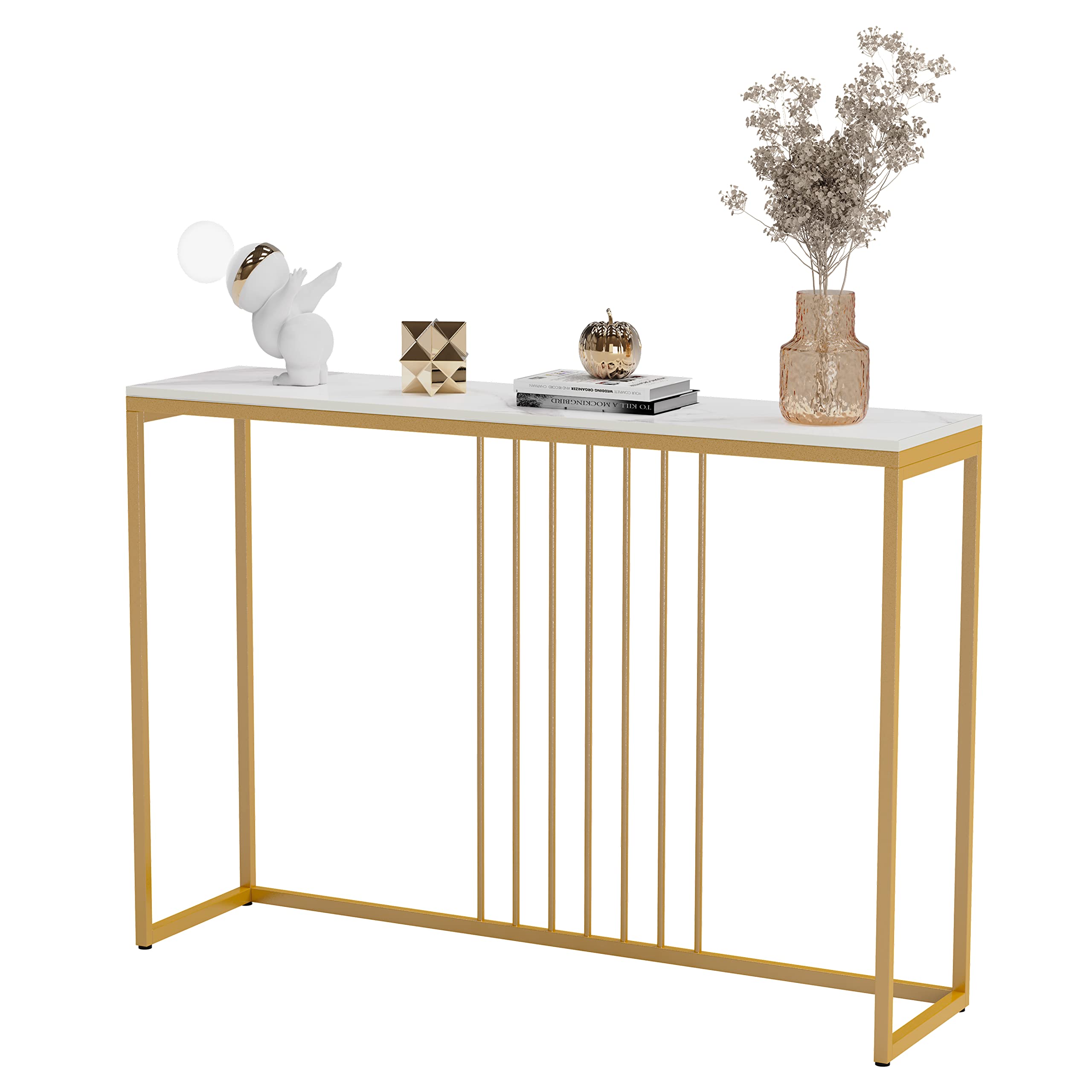 Sintered Stone Console Table: White Entryway Table with Golden Frame - Modern Narrow Table Behind Sofa