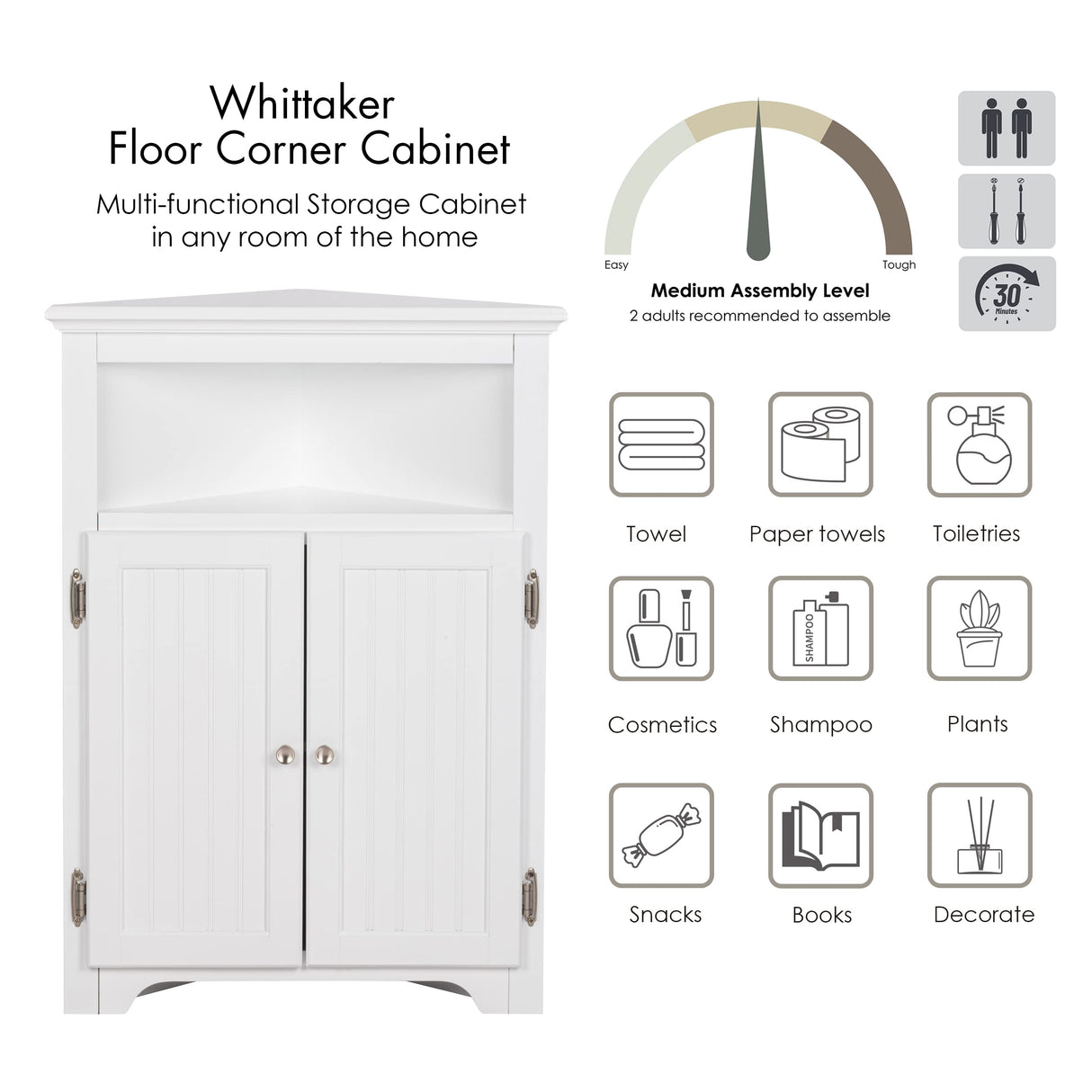 Bathroom Corner Storage Cabinet, Small Floor Corner Cabinet with Doors and Adjustable Shelves,