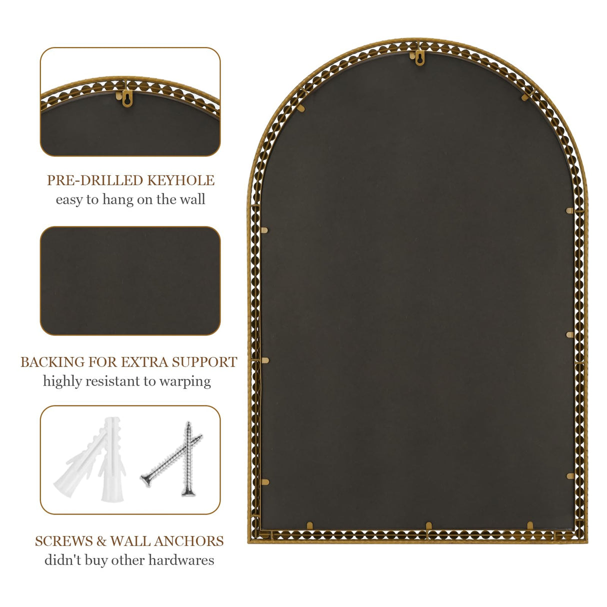 24" x 36" Arch Wall Mirror with Antique Gold Beaded Frame