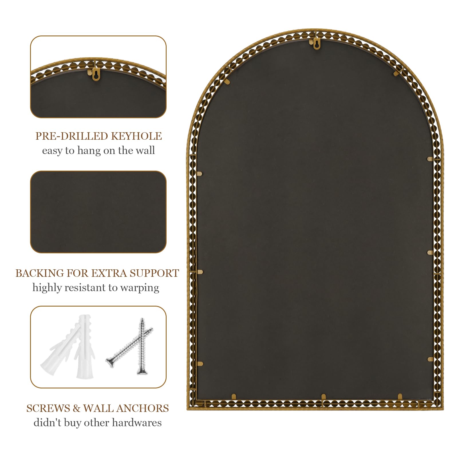 24" x 36" Arch Wall Mirror with Antique Gold Beaded Frame