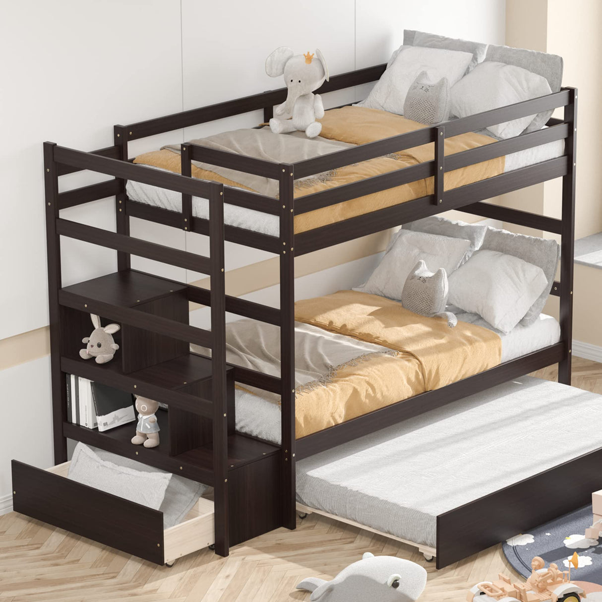 Twin Over Twin Bunk Bed with Trundle & Storage Stairs, Wooden Bunk Bed Frame with Storage Shelves & Drawer, Trundle Bunk Bed Frame with Guardrails, No Spring Box Required (Espresso)