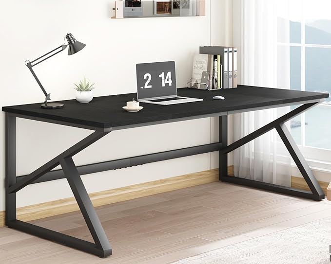 Long Desks for Home Office, Large Metal Wooden Computer Desk for 2 Monitors