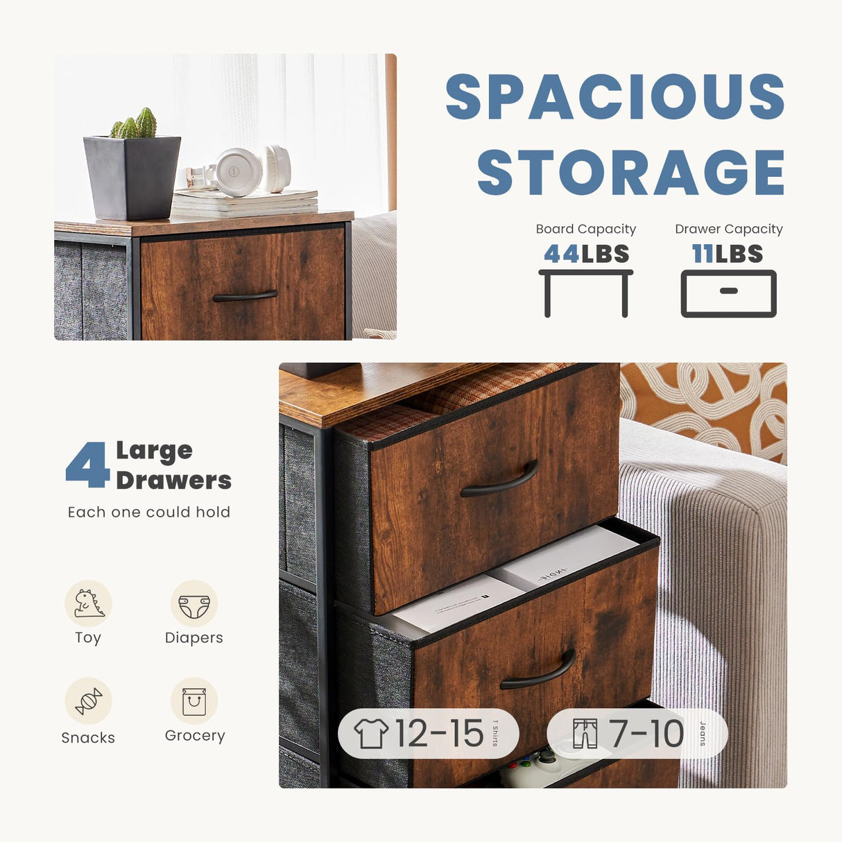 Elevon Dresser for Bedroom with 4 Drawers, Storage Drawers, Skinny Fabric Storage Tower, Tower Organizer Unit, Chest of Drawers with Wooden Top for Closet, Living Room, Entryway