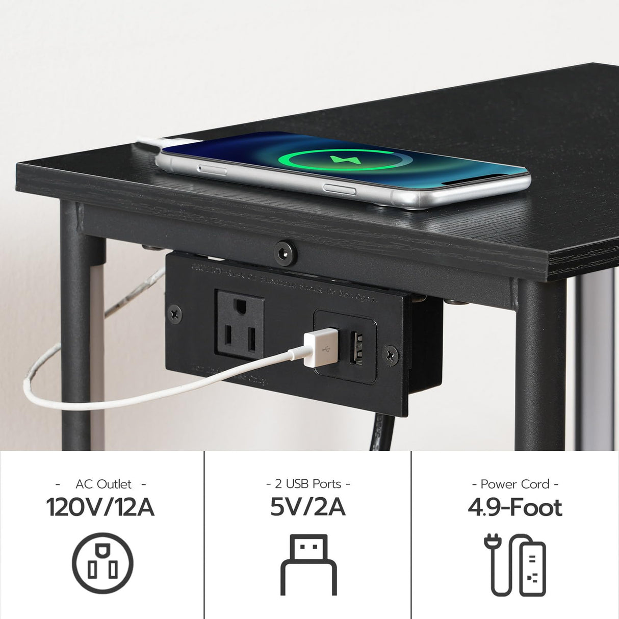 Set of 2 Side Tables with Charging Station and LED Light, End Tables