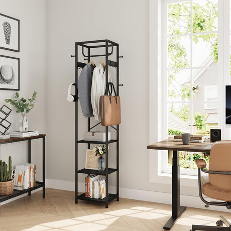 Coat Rack Freestanding, Hall Tree with 3 Storage Shelves and 12 Hooks, Metal Clothes Rack Stand