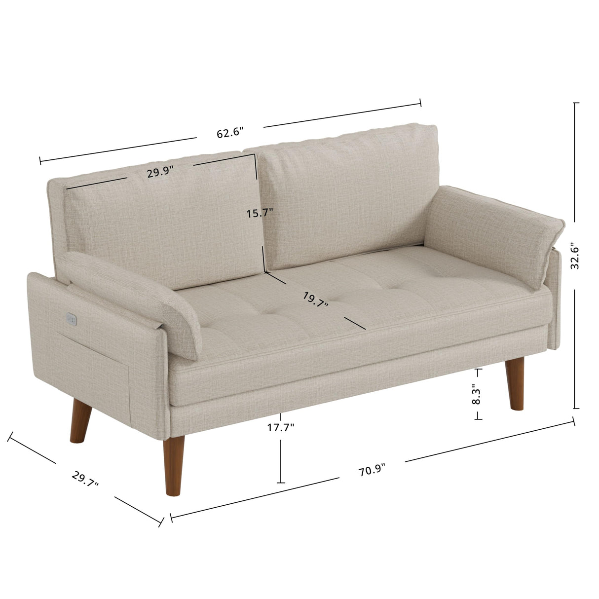 70" Loveseat Sofa with USB Port & Solid Wood Leg, Modern Comfy Fabric Small Couch,