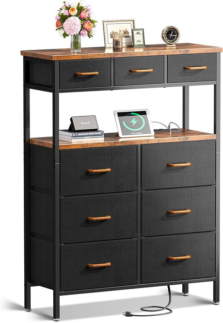 Dresser with Charging Station, 52 Inches Tall Dresser for Bedroom with 9 Storage Drawers