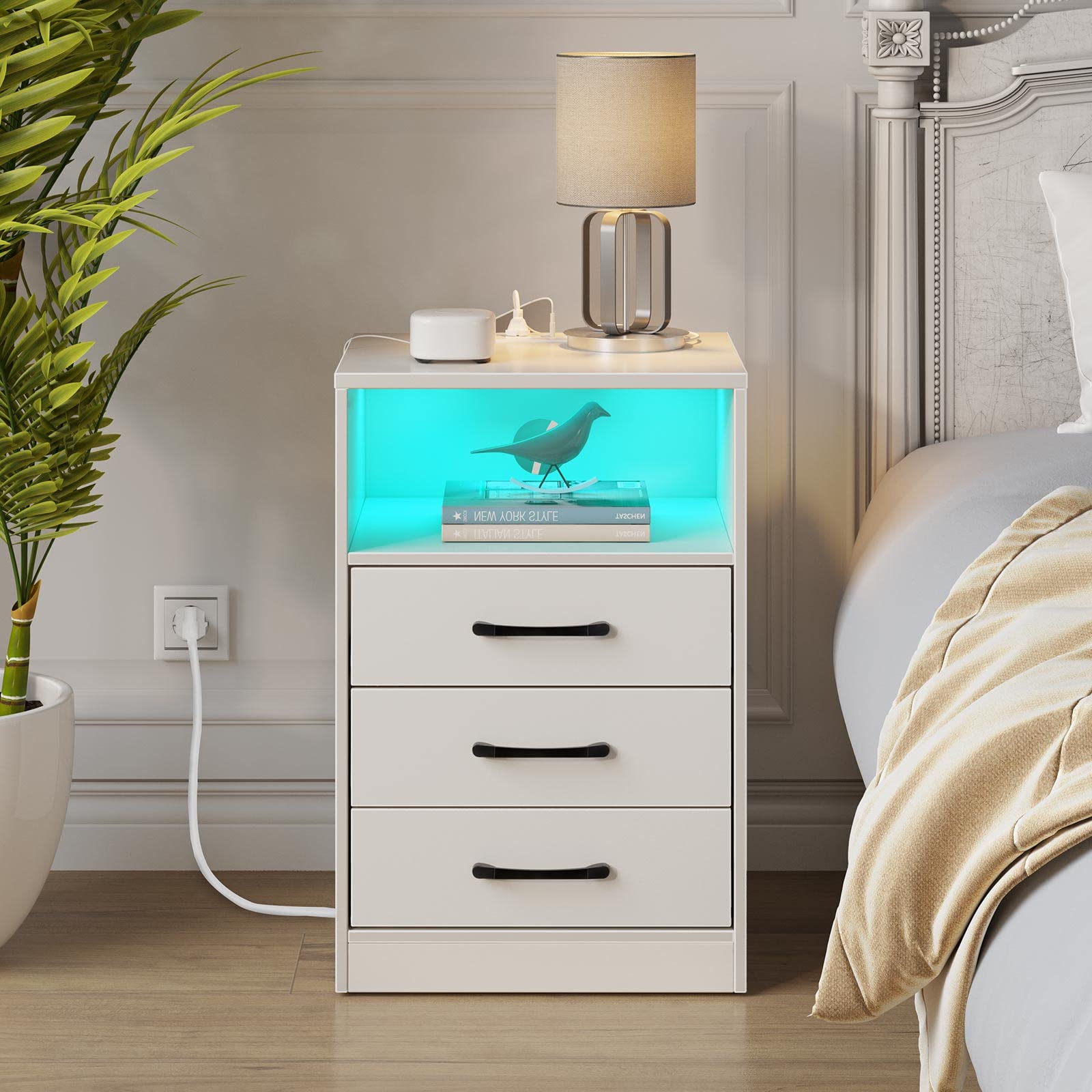 Nightstand with Wireless Charging Station and LED Lights, Modern End Side Table with 3