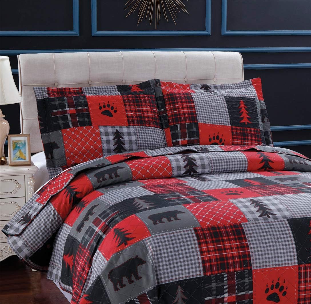 Rustic Bear Quilts Set Full/Queen Size, Red Black Plaid Patchwork Bedding Lightweight